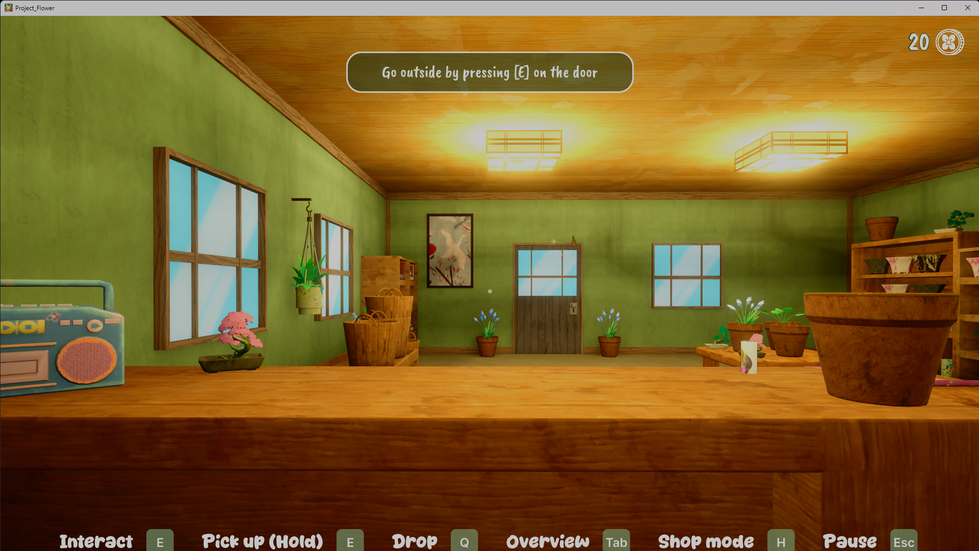 Shop interior, player-facing counter and flower display area